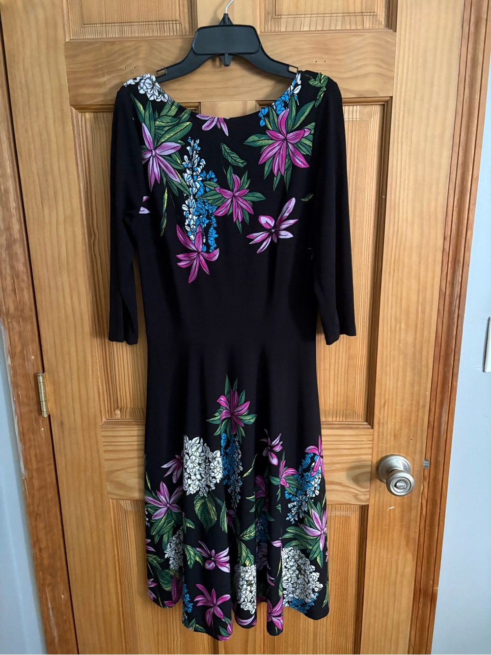Leota Black Floral Long-Sleeve Fit-and-Flare Dress with Pink & Green Accents